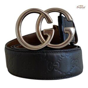 Authentic Gucci Black Monogram GG Embossed Leather Silver Double G Buckle 95/38